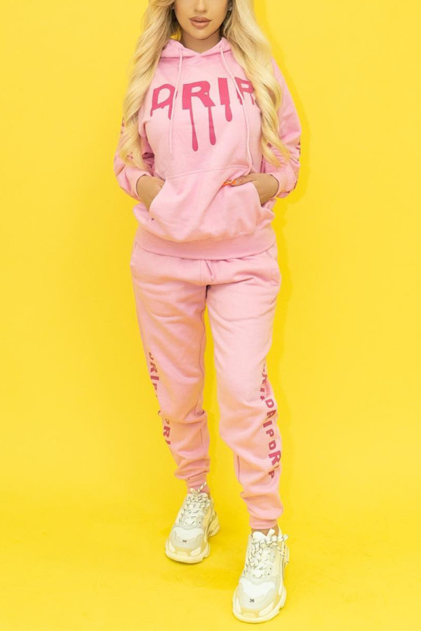Pink Fashion Casual Letter Print Basic Hooded Collar Long Sleeve Two Pieces