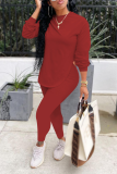 Red Casual Solid Split Joint O Neck Long Sleeve Two Pieces
