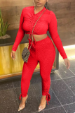 Red Casual Solid Draw String V Neck Long Sleeve Two Pieces