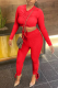 Red Casual Solid Draw String V Neck Long Sleeve Two Pieces