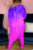 Blue Casual Print Patchwork Asymmetrical Off the Shoulder Three Quarter Two Pieces