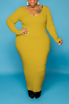 Yellow Casual Solid Split Joint U Neck Straight Plus Size Dresses