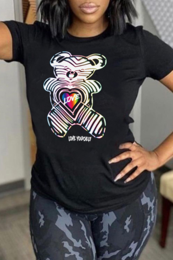 Black Casual Cute Print Patchwork Letter O Neck T-Shirts