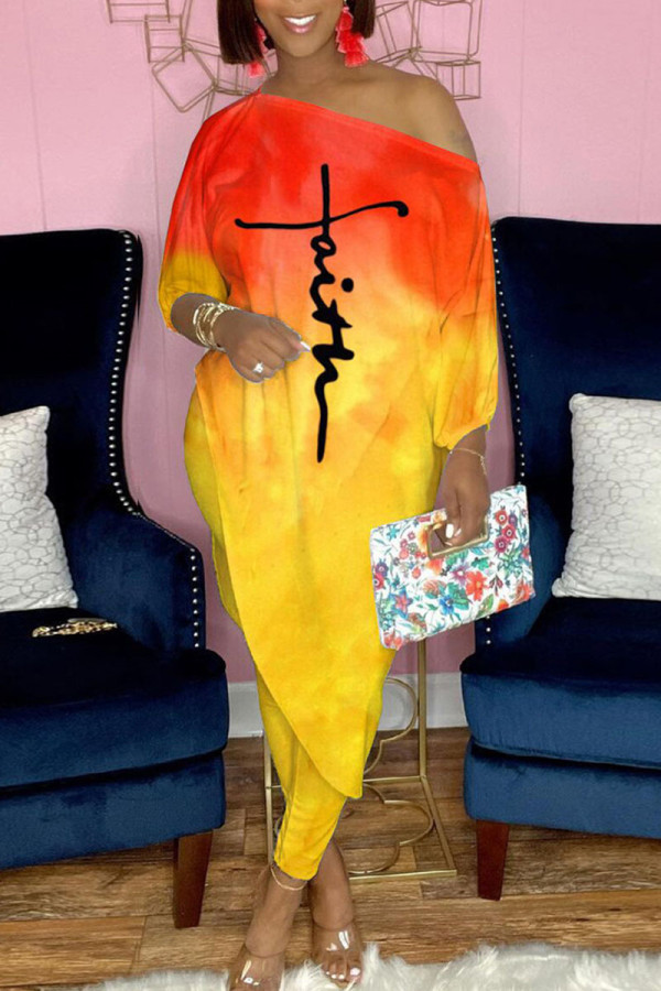 Yellow Casual Print Patchwork Asymmetrical Off the Shoulder Three Quarter Two Pieces
