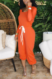 Tangerine Red Casual Solid Draw String O Neck Regular Jumpsuits