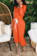Tangerine Red Casual Solid Draw String O Neck Regular Jumpsuits