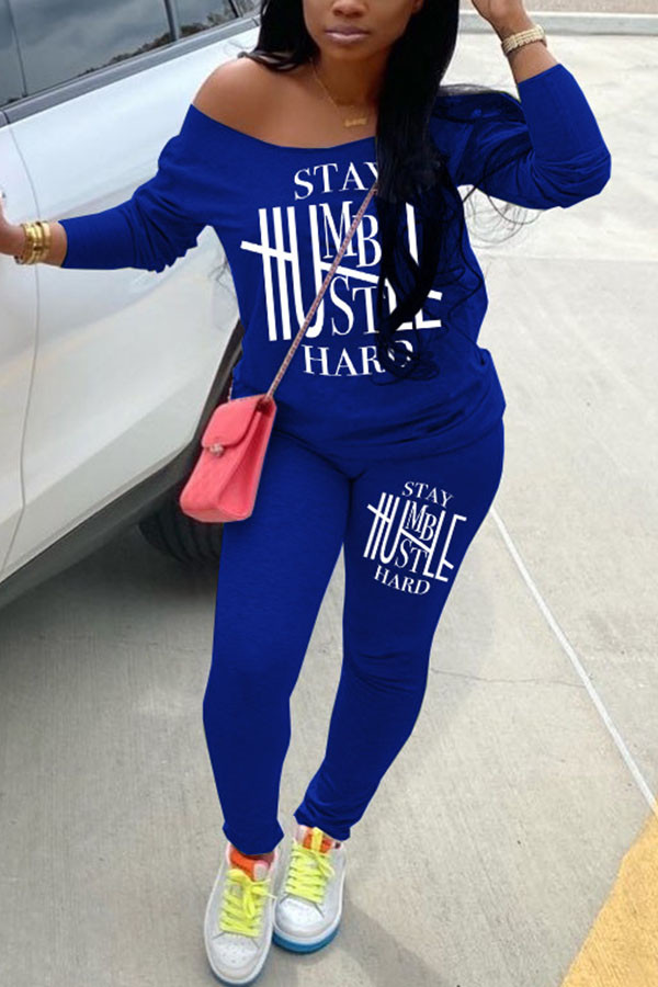 Blue Casual Sweet Letter Print Pullovers Pants Boat Neck Long Sleeve Off The Shoulder Regular Two Pieces