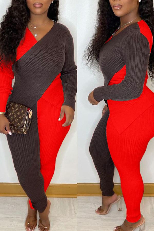 Red Casual Elegant Solid Patchwork Asymmetrical V Neck Long Sleeve Two Pieces