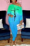 Blue Casual Print Patchwork Asymmetrical Off the Shoulder Three Quarter Two Pieces