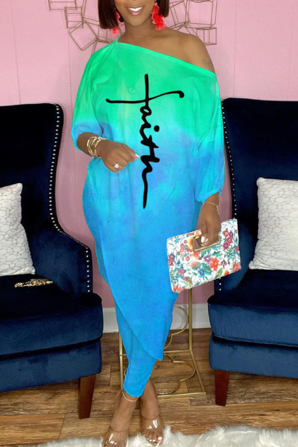 Blue Casual Print Patchwork Asymmetrical Off the Shoulder Three Quarter Two Pieces