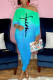 Blue Casual Print Patchwork Asymmetrical Off the Shoulder Three Quarter Two Pieces