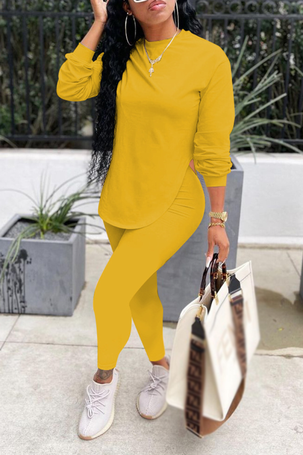 Yellow Casual Solid Patchwork O Neck Long Sleeve Two Pieces
