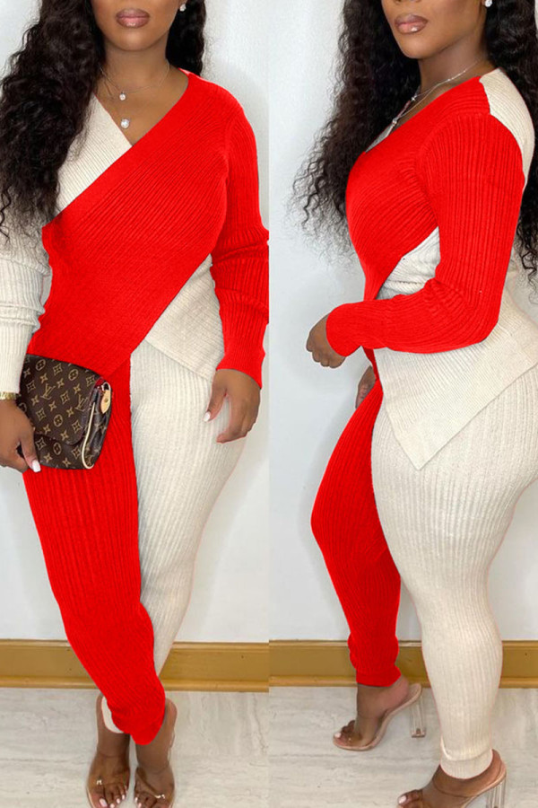 Cream White Casual Elegant Solid Patchwork Asymmetrical V Neck Long Sleeve Two Pieces