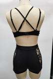 Black Sexy Solid Hollowed Out Make Old Mesh Spaghetti Strap Sleeveless Two Pieces