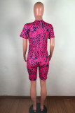 Red Acrylic Fashion Casual Leopard Print Two Piece Suits Straight Short Sleeve Two Pieces