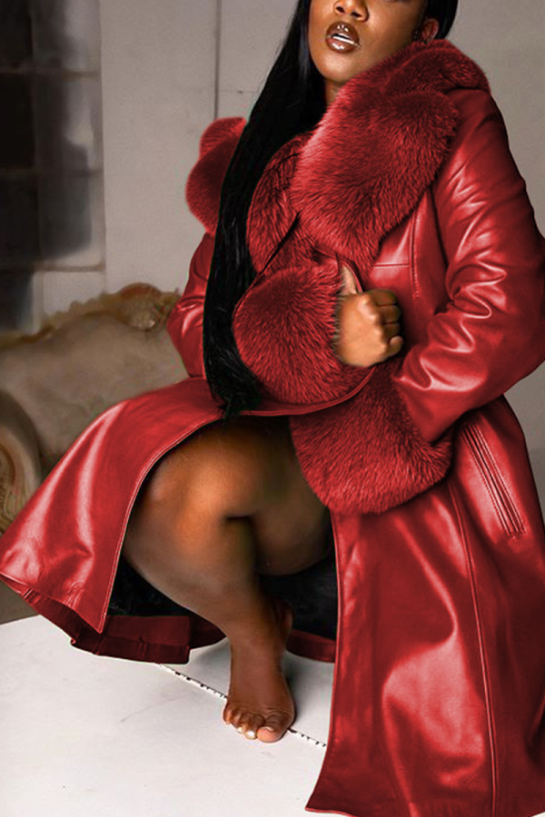 Red Sexy Solid Patchwork Turndown Collar Outerwear