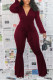 Wine Red Sexy Solid Bandage V Neck Skinny Jumpsuits