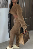 Camel Fashion Casual Solid Basic Hooded Collar Long Sleeve Two Pieces