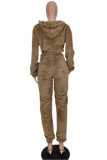 Camel Fashion Casual Solid Basic Hooded Collar Long Sleeve Two Pieces