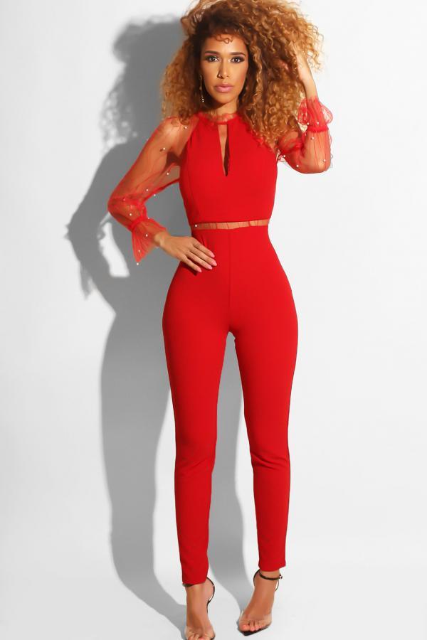 Red Sexy Fashion perspective Hollow Mesh Asymmetrical stringy selvedge Solid Backless Pearl Lo
