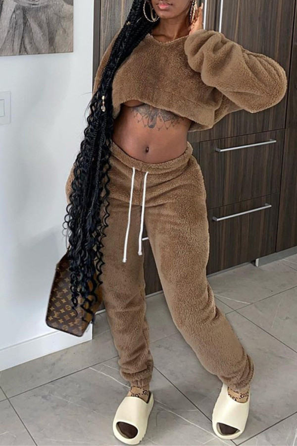 Camel Fashion Casual Solid Basic Hooded Collar Long Sleeve Two Pieces