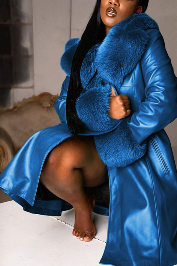 Blue Sexy Solid Patchwork Turndown Collar Outerwear