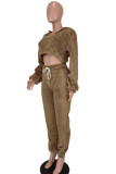Camel Fashion Casual Solid Basic Hooded Collar Long Sleeve Two Pieces