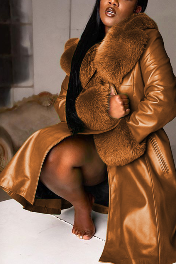 Brown Sexy Solid Patchwork Turndown Collar Outerwear