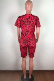 Red Acrylic Fashion Casual Leopard Print Two Piece Suits Straight Short Sleeve Two Pieces