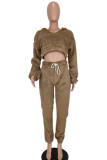 Camel Fashion Casual Solid Basic Hooded Collar Long Sleeve Two Pieces