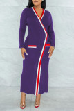 Purple Casual Solid Bandage Patchwork V Neck One Step Skirt Dresses