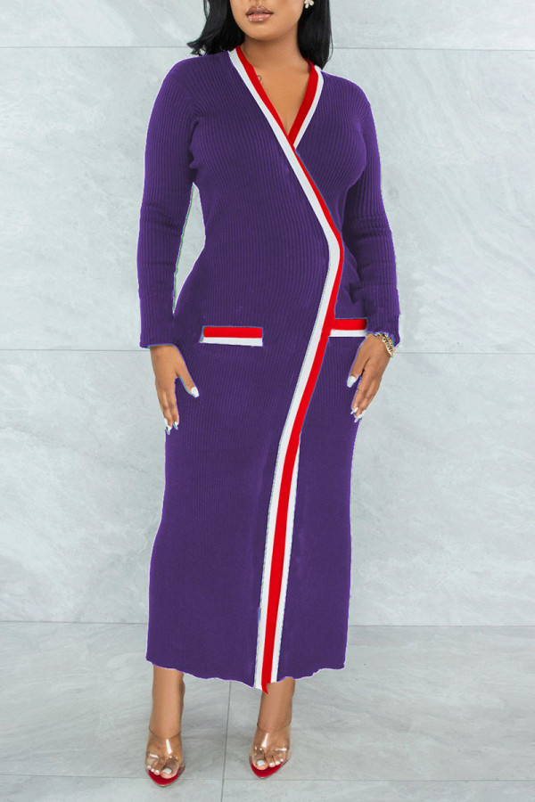 Purple Casual Solid Bandage Patchwork V Neck One Step Skirt Dresses