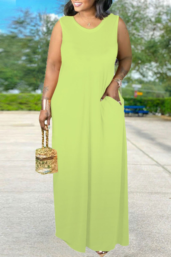 Fluorescent Green Daily Elegant Solid Split Joint O Neck Vest Dress Dresses