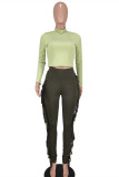 Green Fashion Casual Solid Tassel Turtleneck Long Sleeve Two Pieces