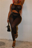Black Sexy Solid Hollowed Out See-through Asymmetrical One Shoulder Sleeveless Two Pieces