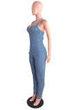 Baby Blue Sexy Casual Solid Backless Spaghetti Strap Skinny Jumpsuits