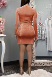 Apricot Celebrities Solid Split Joint Fold O Neck Long Sleeve Two Pieces
