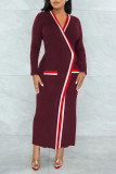 Purple Casual Solid Bandage Patchwork V Neck One Step Skirt Dresses