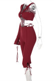 Burgundy Sexy Casual Solid Bandage Patchwork One Shoulder Long Sleeve Two Pieces