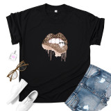 Black Fashion Casual Lips Printed Basic O Neck Tops