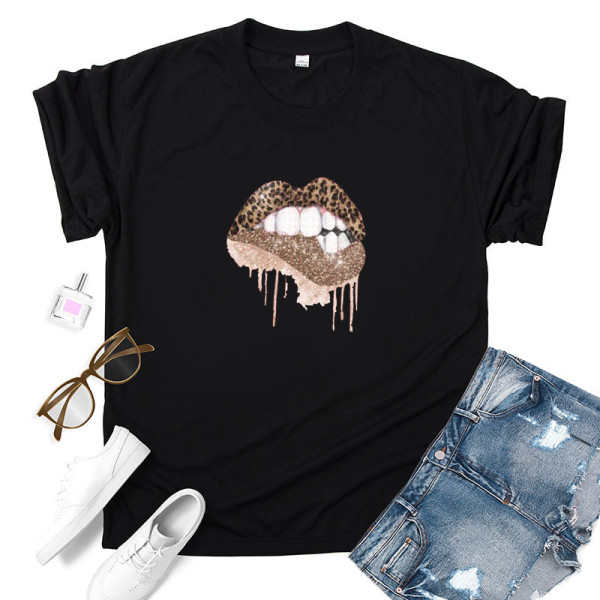 Black Fashion Casual Lips Printed Basic O Neck Tops