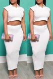 White Sexy Casual Solid Basic Turndown Collar Short Sleeve Two Pieces
