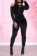 Black Casual Solid Patchwork Fold O Neck Skinny Jumpsuits