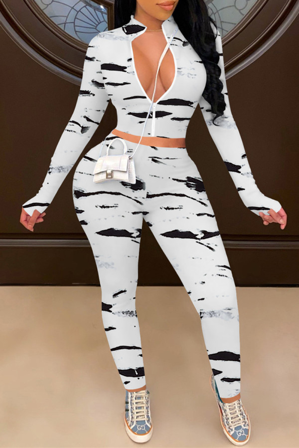 White Fashion Casual Print Patchwork Zipper Collar Long Sleeve Two Pieces