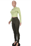 Green Fashion Casual Solid Tassel Turtleneck Long Sleeve Two Pieces