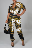 Multicolor Casual Print Patchwork Zipper Collar Half Sleeve Two Pieces