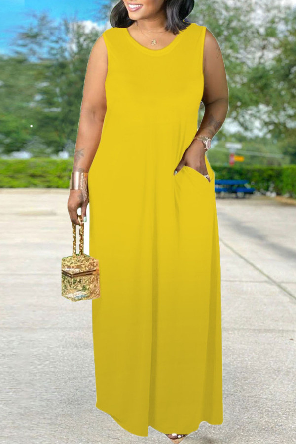Yellow Daily Elegant Solid Split Joint O Neck Vest Dress Dresses