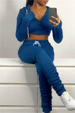 Blue Fashion Casual Solid Hollowed Out Hooded Collar Long Sleeve Two Pieces
