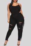 Black Fashion Casual Solid Tassel Ripped Plus Size Jeans