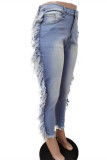 Blue Fashion Casual Solid Tassel Mid Waist Regular Denim Jeans